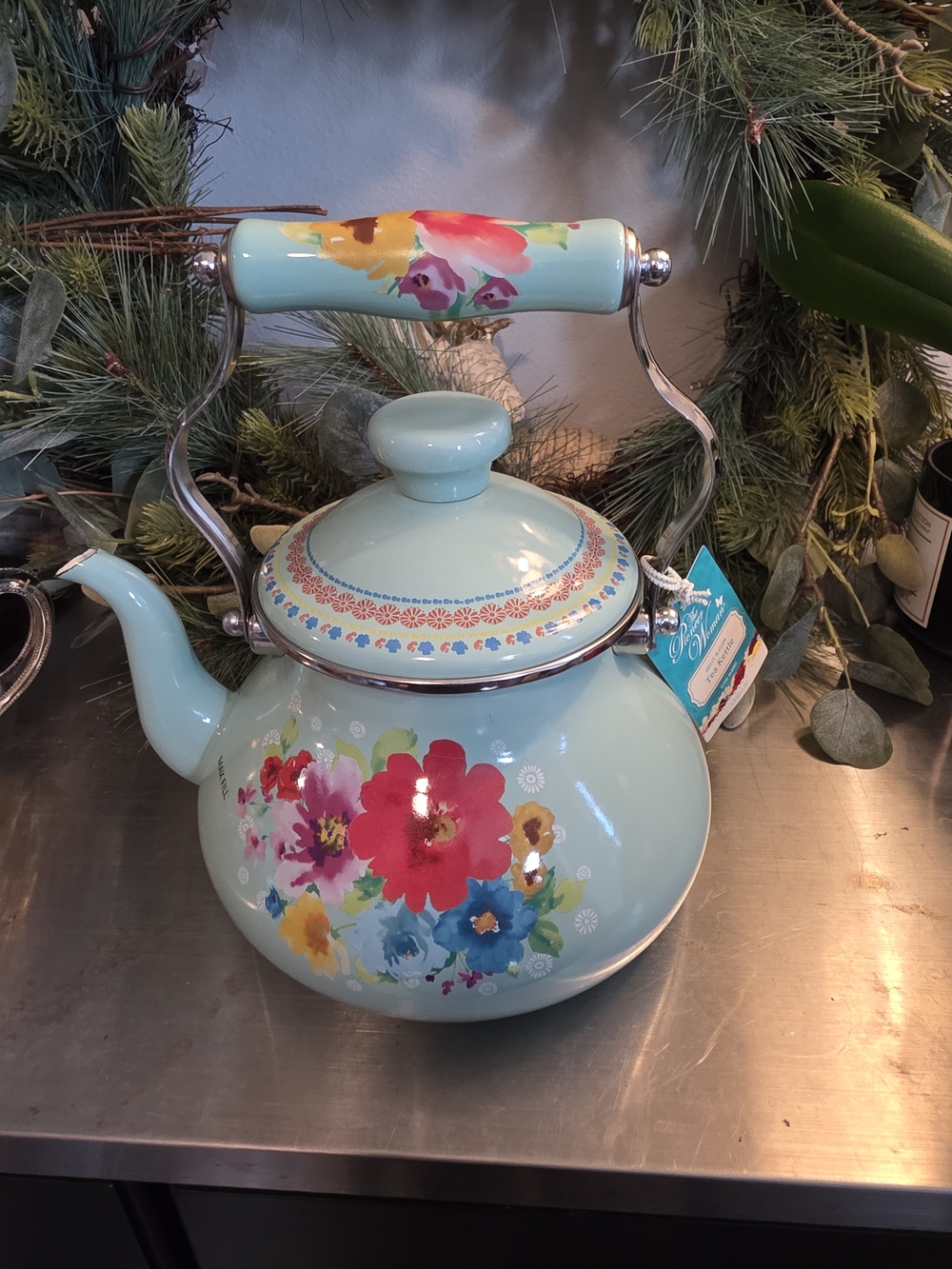 NWT Pioneer Woman Enamel Teapot with Decorative Handle - Blue